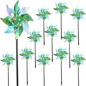 winemana 12 Pcs Reflective Pinwheels Outdoor, Wind Spinners for Yard & Garden, Sparkly Bird Repellent Windmill Scare Birds Away, Deterrent Devices for Outside Patio Lawn Spring Decor (Green)