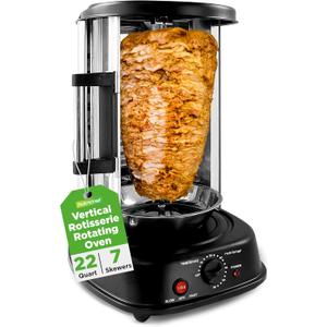 NutriChef Vertical Rotating Shawarma Oven - Rotisserie, Shawarma, & Kebab Machine - Stain-Resistant, Energy-Efficient - Heat-Resistant Door - Includes Kebab Rack with 7 Skewers - Stainless Steel, 11.1'' x 13.1'' x 17.7''