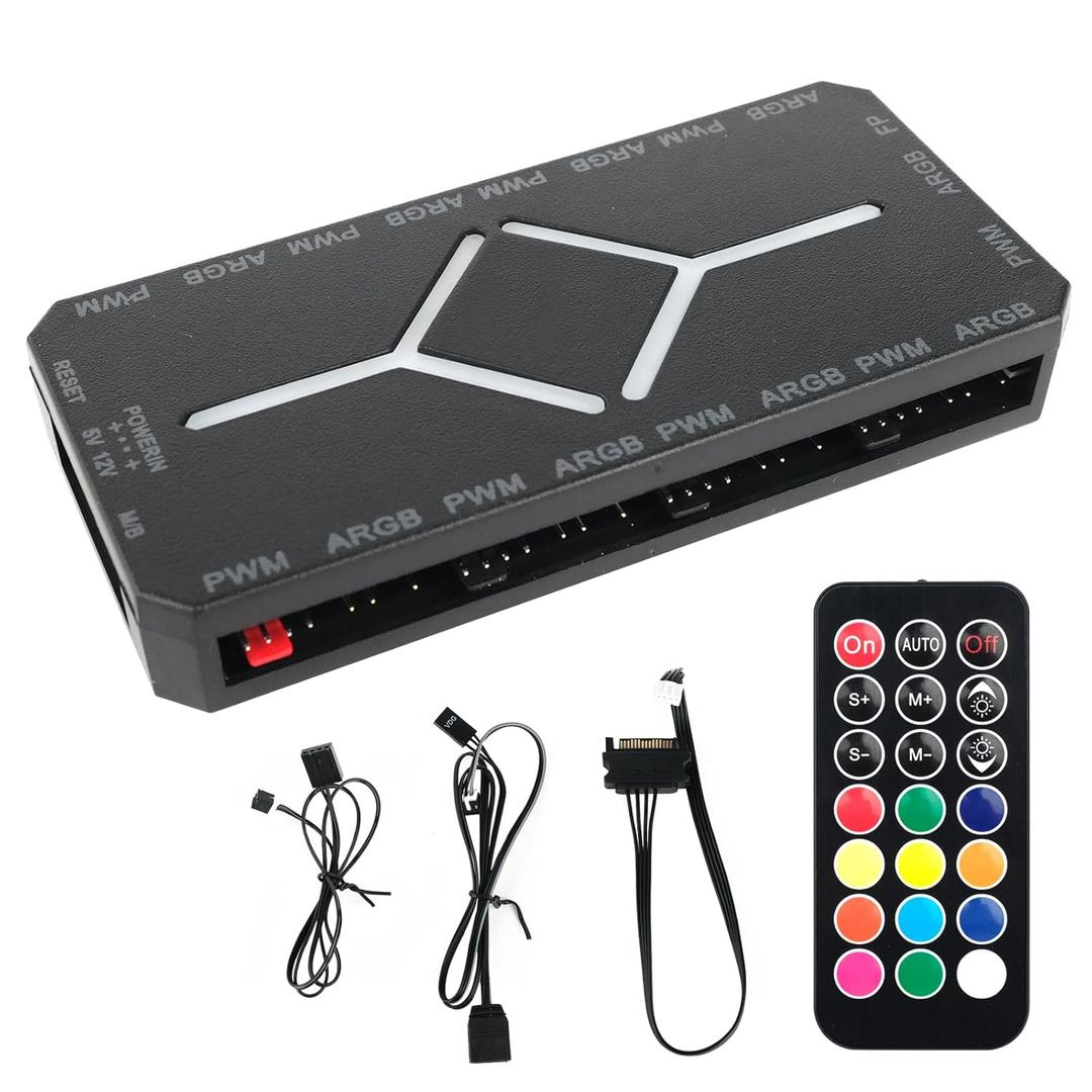 PWM Fan Hub for 5V Addressable ARGB Computer PC Case F An PWM 1 to 9 Ports Magnetic Fan Hub Splitter with Remote SA TA Power Supply, Black
