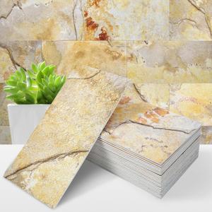 STICKGOO 50-Piece Subway Tile Peel and Stick Backsplash, 4"x 8" Thickened PVC Stick on Tiles for Kitchen, Bathroom, Camper, FireplaceRustic Gold Slate