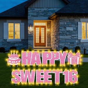 Happy Sweet 16 Birthday Yard Signs with Stakes LED Lights Pink Sweet 16 Birthday Decorations for Girls Women Hot Pink 16th Bday Party Supplies Outdoor Lawn Garden Yard Decor (Battery Not included)