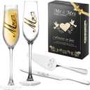 Mr and Mrs Champagne Flutes, Wedding Cake Knife and Server Set, Bride and Groom Champagne Glasses, Cake Cutting Set for Wedding, Bridal Shower Gifts, Engagement Gifts for Couples (Silver, Set of 4)
