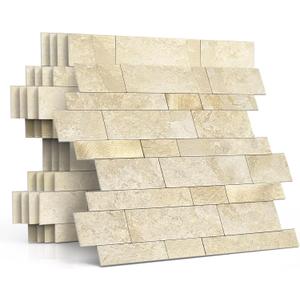 MOFIT Backsplash Tile for Kitchen Peel and Stick Stone Matte Finish,Bathroom Tiles Stickers 3D Wall Panel Linear Mosaic Marble Backsplash Waterproof(10sheets,Beige Gold)
