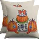 2 x Blue Orange Fall Thanksgiving Pillow Covers 18X18 Set of 2, Autumn Pumpkin Print Chinoiserie Decorative Throw Pillow Covers Outdoor Farmhouse Seasonal Cushion Cases Couch Sofa Bed Decor