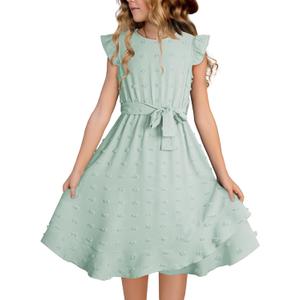 Tween Girls Summer Dresses Girl Short Sleeve Boho Swiss Dot Ruffle Semi Formal Midi Dress Kid Wedding Guest Casual Flare Party Belt Clothes Dressy Outfit Size 12-13 Year Old Green