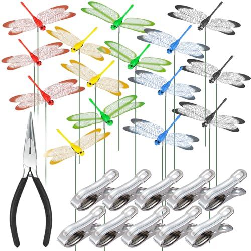 NiHome 13PCS Decorative Dragonflies with 10 Clips Decor for Garden, 9.8" Long Multicolor Waterproof Outdoor & Indoor Use, Versatile Clip-On Plant Decoration, Includes Pliers for Easy Attachment