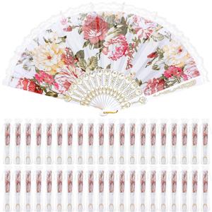 Geelin 50 Pcs Hand Lace Foldable Fans Bulk for Women with Organza Bag Lace Folded Hand European Retro Fan Bridal Dancing Prop Wedding Party Favors for Dancing Tea Party(Colored Rose,White)