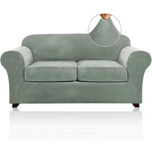 PrinceDeco Velvet Couch Cover Loveseat Covers for 2 Cushion Couch 3 Piece Sofa Covers for Dogs Washable Loveseat Covers Width Up to 72 Inch No Slip Stretch Sofa Slipcover(Medium, Seagrass)