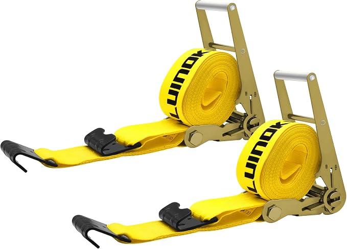 SALUINOKI 2Pack 4 inch Ratchet Straps 30ft Heavy Duty with Flat Hook for Flatbed Trailer Winch Strap 4 inch Flatbed Straps Ratcheting Yellow