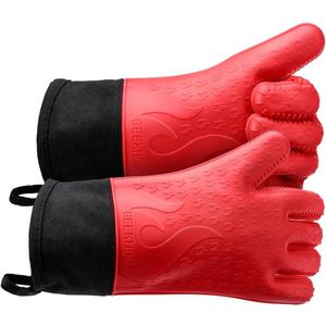 GEEKHOM Silicone Grilling Gloves, Heat Resistant Oven Mitts, BBQ Gloves, Waterproof Non-Slip for Barbecue, Cooking, Baking, Fryer, Red (Large)