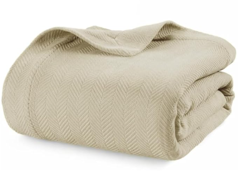 LANE LINEN Twin Blanket for Bed 100% Cotton Blanket for Year-Round Comfort - Cozy, Soft & Breathable Bed Blankets - Herringbone Weave 350 GSM - Great for Dorms, College Students, & Loved Ones - Beige