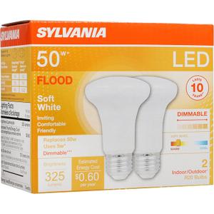 SYLVANIA LED Flood R20 Light Bulb, 50W=5W, 10 Year, 325 Lumens, E26 Medium Base, Dimmable, 2700K, Soft White - 2 Pack (73993)