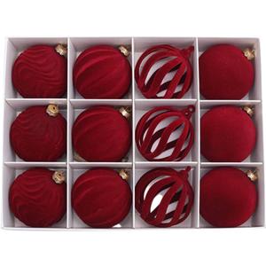 Velvet Ornaments for Christmas Tree, 12 Pcs Red Flocked Shatterproof Christmas Balls Set, Elegant Xmas Baubles for Holiday Home Decor, Party, Wedding, Office & Indoor Decorations