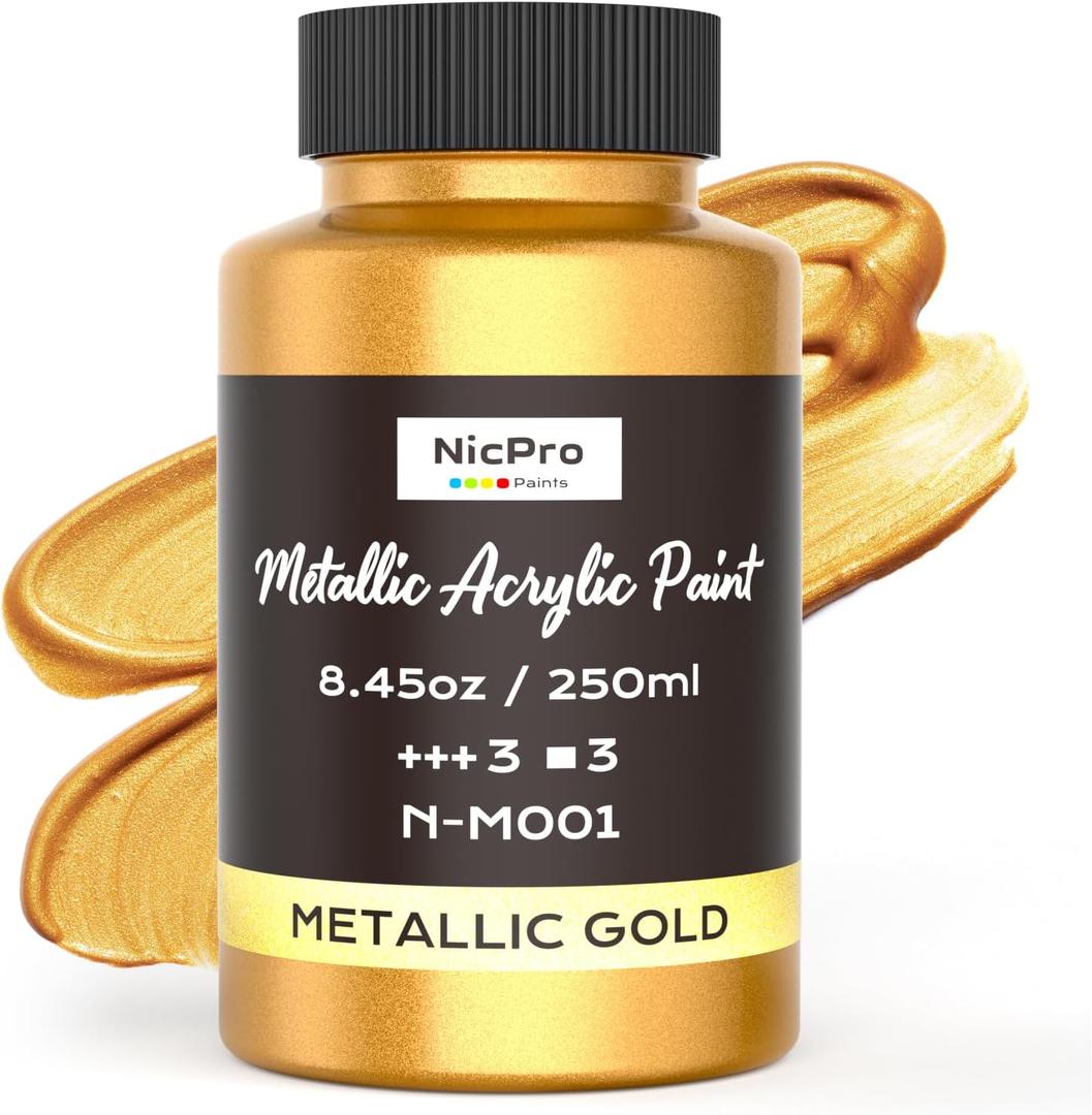Nicpro Metallic Gold Acrylic Paint, 8.45oz/250ml Large Gold Leaf Paint, Non Toxic, Non Fading Craft Paints for Metal, Wood, Clay, Fabric, Canvas, Furniture, Handcrafts, Art Supplies
