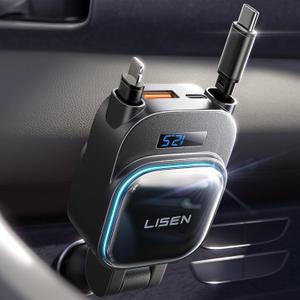 LISEN 96W Retractable Car Charger (2025 Upgraded) Fast Charging Retractable Type C Cord for iPhone 16 Charger, Multi Port USB C Car Accessories for Men, for iPhone 16e 16 15 14 13 12 Samsung Android (Black)