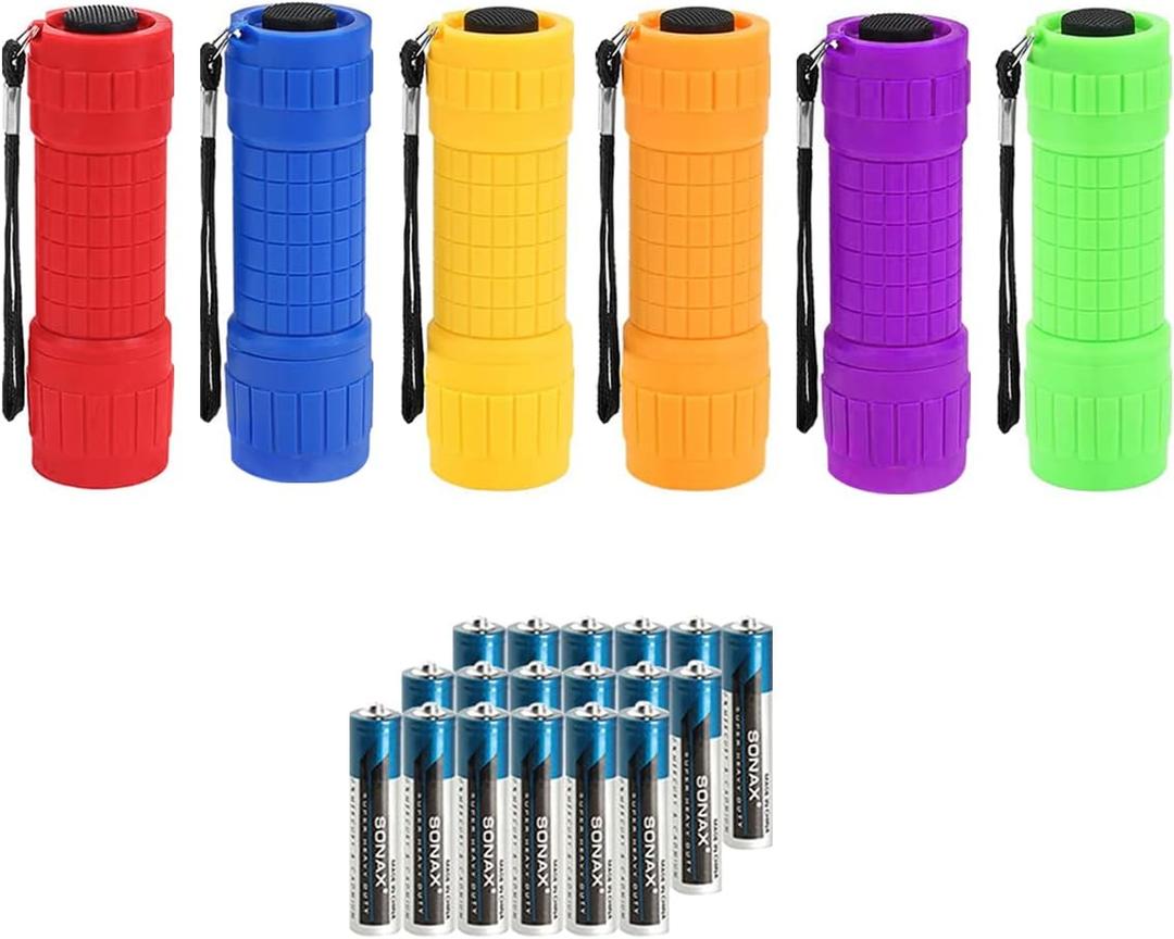 Whaply Small Mini Flashlights Pack of 6,Assorted Colors,New Type Cob Light,with 18 AAA Battery (6 Pack)
