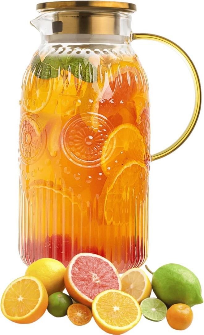 Amzcku Glass Pitcher with Lid, 68 oz/ 2 Liter Vintage Water Pitcher,Glass Water Carafe for Cold Brew, Coffee, Lemonade, Iced Tea,Beverage, Heat Resistant Water Glass Jug 1Pack