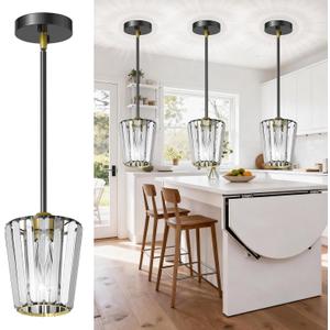 3 Pack Crystal Pendant Lights Kitchen Island - Modern Black and Gold Pendant Light Mini Adjustable Hanging Pendant Lights for Kitchen Island Dining Room Foyer Hallway