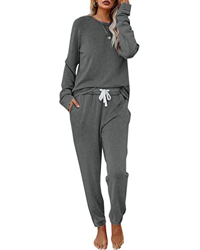 Eurivicy Women's Loungewear Set Solid 2 Piece Long Sleeve Pullover Drawstring Sweatpants Sport Outfits Sets, Large