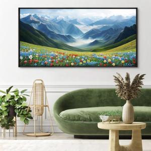KLAKLA Mountain Wall Art - Large Landscape Living Room Wall Decor Rustic Wild Daisies Misty Forest Snowy Mountains Canvas Picture Framed Artwork for Walls - 48x24 Inches