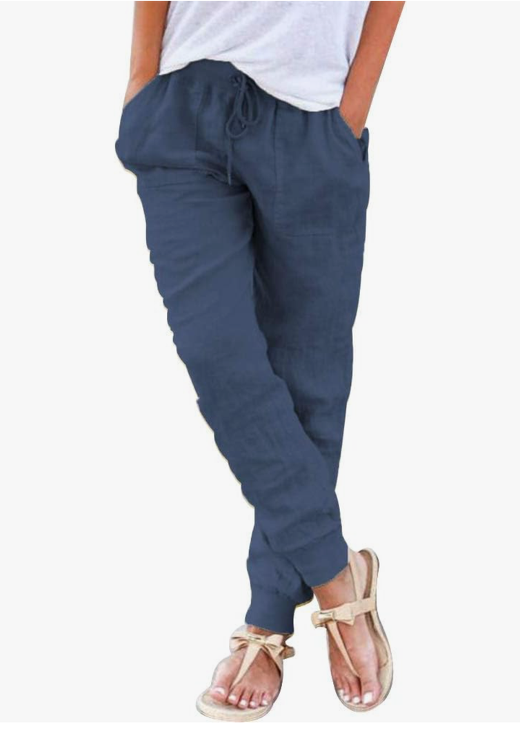 Puimentiua Womens Tapered Pants Cotton Linen Drawstring Back Elastic Waist Pants Casual Trousers with Pockets,L