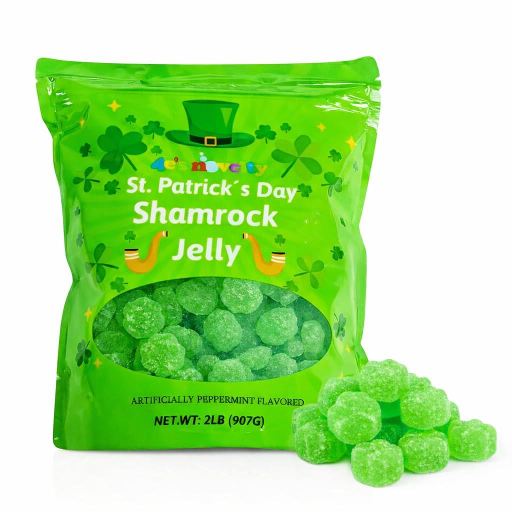 2 x 4E's Novelty St. Patrick's Day Shamrock Candy Bulk 2LB - 170 Pcs, Refreshing Artificial Peppermint Flavored Green Shamrock Jelly, St Patty's Day Gummies, Pot of Gold Filler, Party Favors Snacks, Saint Patricks Day Treats (EXP 04/06/27)
