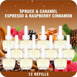 Plug In Air Freshener Refills  Spruce, Caramel, Espresso & Raspberry Cinnamon, 12 Count Fragrance for Home, Bathrooms, Office  7.92 Fl Oz, Compatible with Air Wick & Glade, Not for Glade Plus