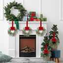 Sggvecsy 6 Pcs Christmas Candle Rings Norfolk Pine Wreath Artificial Red Berries Small Wreaths Table Centerpieces Kitchen Cabinets Pillars Mini Candle Rings for Window Front Door Decor