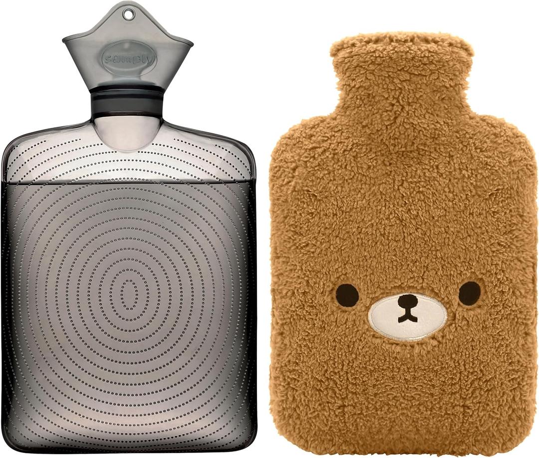 Samply Hot Water Bottle with Cute Fleece Cover, Hot Water Bag for Hot and Cold Compress, Hand Feet Warmer, Neck and Shoulder Pain Relief, Brown Bear