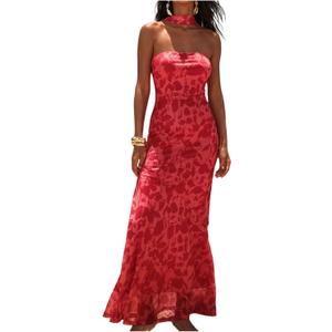 Milumia Women's Floral Strapless Maxi Dress Elegant Bodycon Fishtail Tube Dresses with Scarf (Red, L)