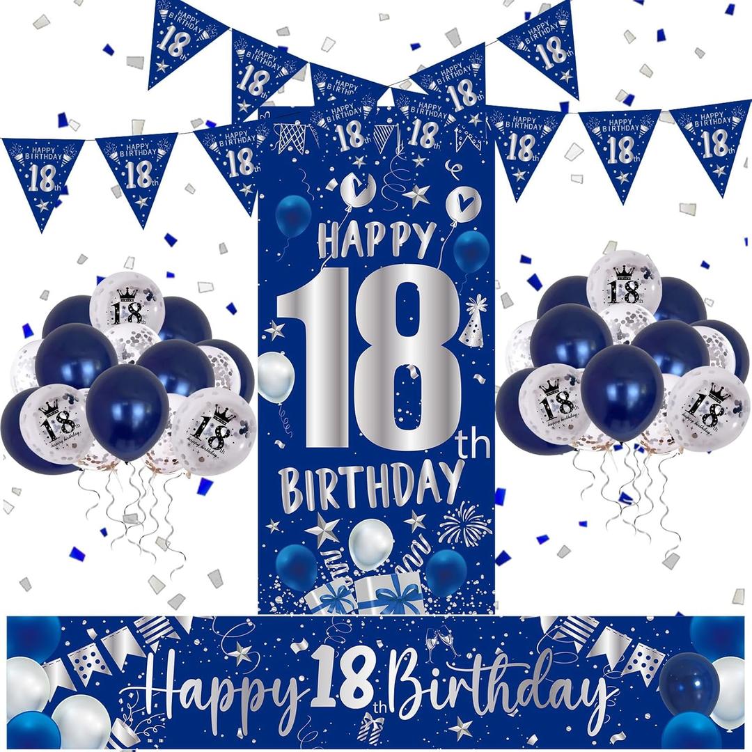 18th Birthday Decorations for Boys Girls - Blue and Silver Happy Banner, Backdrop Door Banner, Balloons, Confetti - Party Supplies