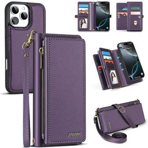 for iPhone 16 Pro Max Wallet Case, Detachable Magnetic Phone Case,Faux Leather Strap Wallet,with RFID Blocking，Zipper Card Holder，Shoulder Straps (Purple)