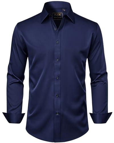 Men's Dress Shirts Solid Long Sleeve Stretch Wrinkle-Free Formal Shirt Business Casual Button Down Shirts Navy Blue Large Tall