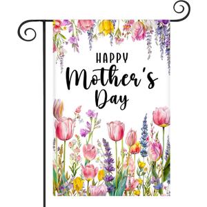 Happy Mothers Day Garden Flag 12 x 18 Inch Double Sided Holiday Floral Garden Flag for Outside Home Party Porch Yard Decorations