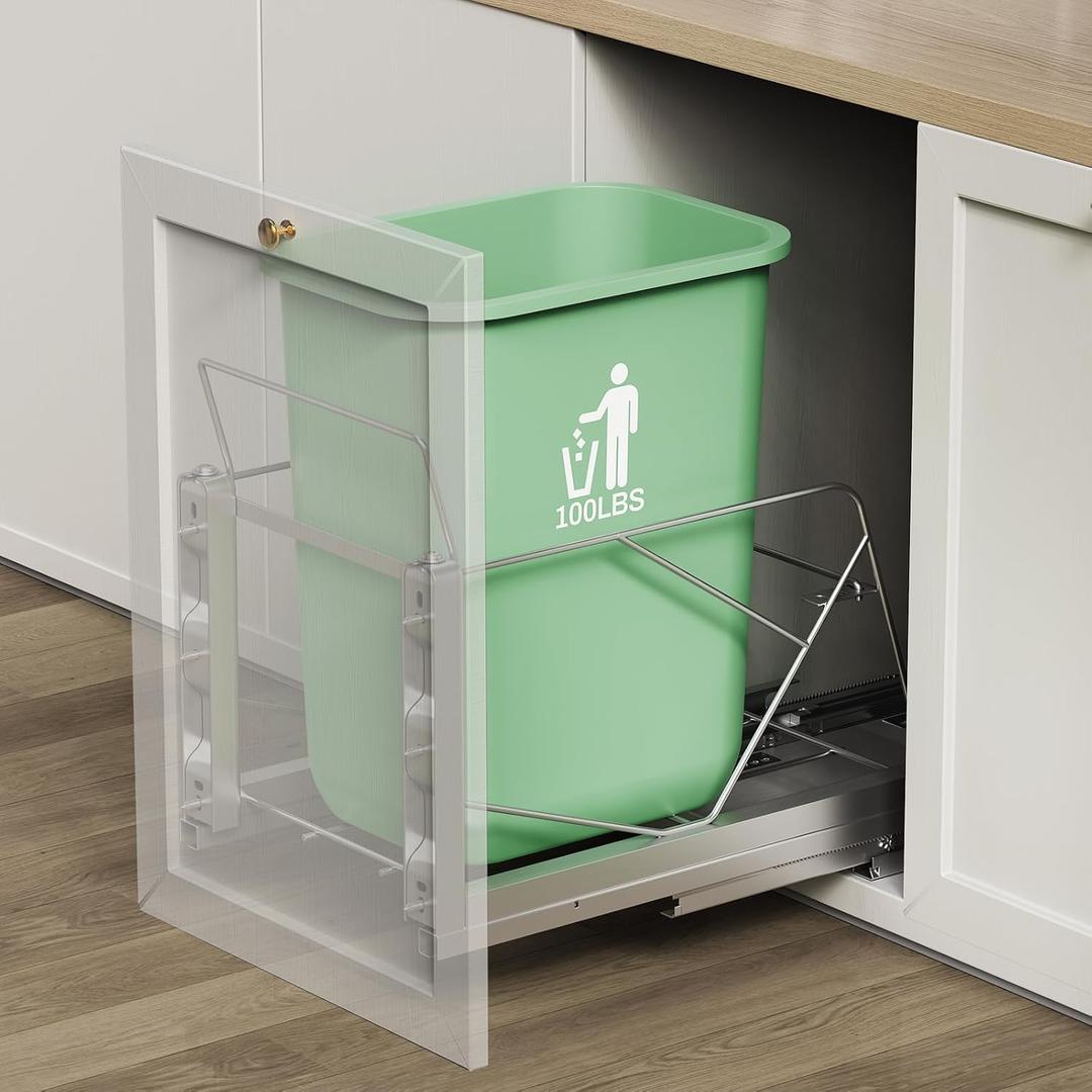 Pull Out Trash Can Under Cabinet, Door Mount & Pull Handle Twin-Mode, Pull-Out Garbage Holder, Under Sink Pull-up Kit with Soft-Close Slides, for Kitchen, Sink, Drawer(Bin Not Included) (18''D12''W17''H, Silver)