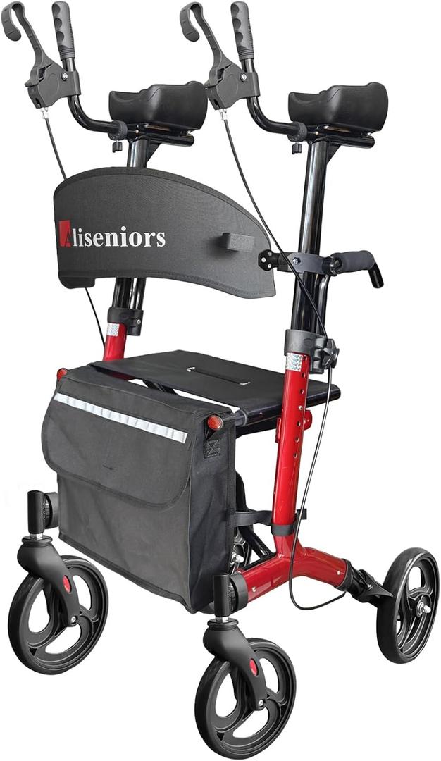 Aliseniors Upright Walker, Stand Up Rollator Walker with Seat, Foldable 4 Wheel Rolling Walker, Medical Aluminum Walkers for Seniors, Adjustable Padded Armrests, 8" Wheels, Supports 250lbs, Red