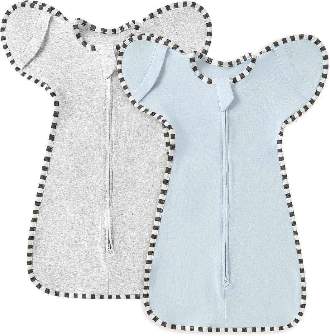 Soft Cotton Swaddle Blanket, Arms Up Baby Sleep Sack, Wearable Sleep Bag for Boys Girls (Light Blue + Light Grey, M(3-6 Months))