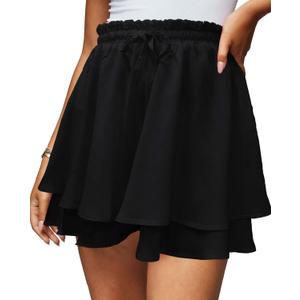 Women's Summer Floral Ruffle Hem Skirt Shorts Elastic High Waist Layered Tiered Boho Mini Skorts Skirts (Medium, Black 02)
