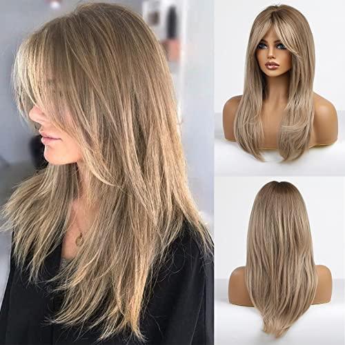 HAIRCUBE Long Layered Synthetic Hair Wigs for Women with Bang (Dark Blonde)