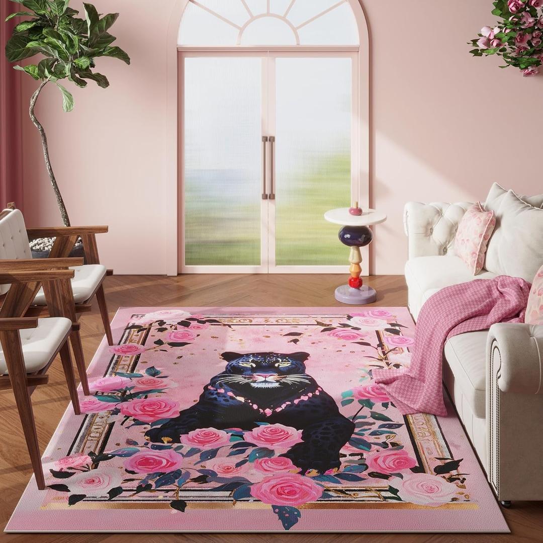 Living Room Rug 5x7 Rug Machine Washable Retro Lavish Leopard Area Rug Non Slip Floral Animal Vintage Low Pile Large Rugs for Living Room, Bedroom, Farmhouse, Dining Room, Kids Playroom (Black Pink)