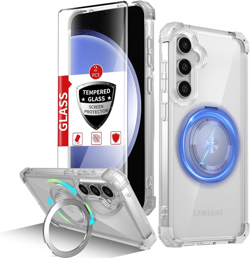 Magnetic for Samsung Galaxy S23 FE Case Compatible with MagSafe Wireless Charging,with 2 Screen Protectors,S23 FE Phone Case with 360Kickstand Shockproof Military Grade Drop Protection Clear