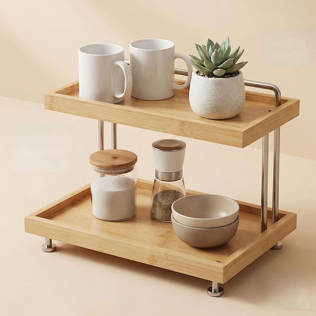 Bamboo Two-Tier Storage RackTabletop Storage Organizer for Kitchen, Bathroom, Office, and Home Use, Small