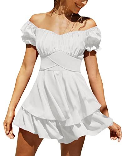 LYANER Women's Tie Back Off Shoulder Wrap Layer Ruffle Short Sleeve Mini Dress White X-Large