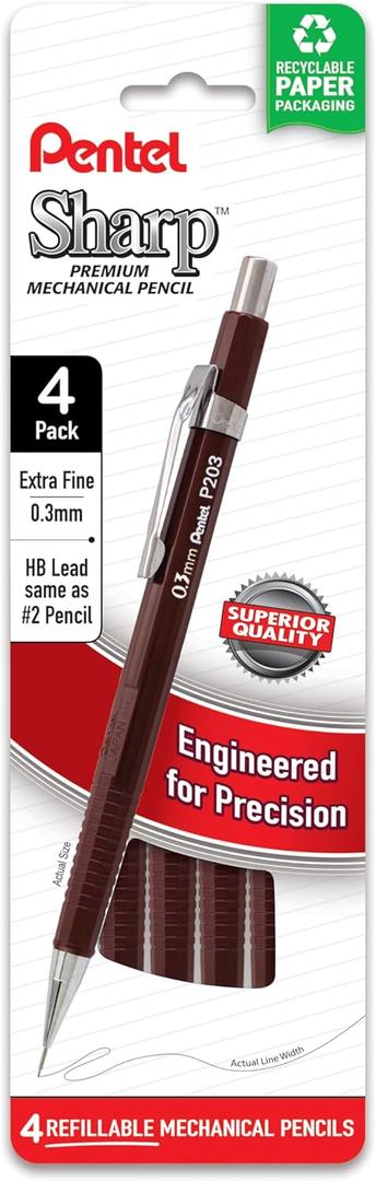 Pentel Sharp Mechanical Pencil, (0.3mm), Extra Fine Line, Brown Barrel, Pack of 4