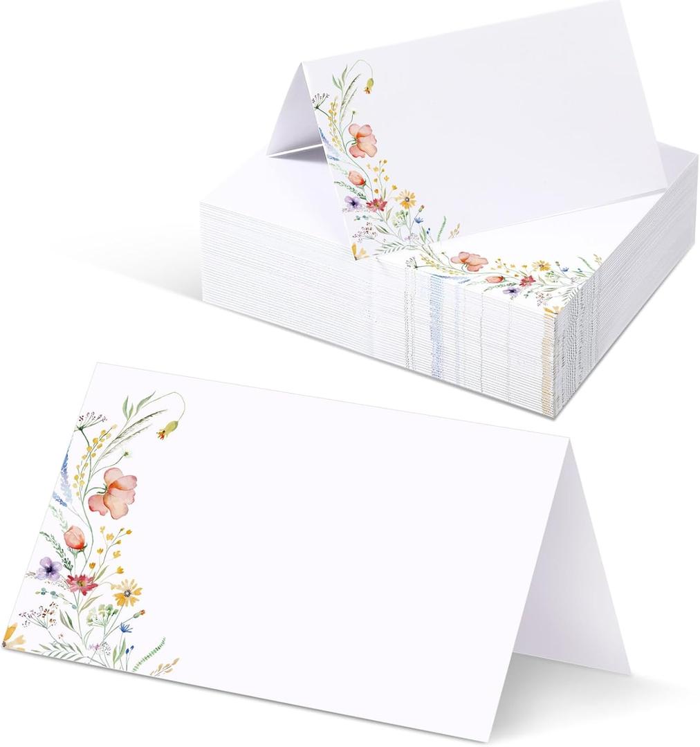 Sinload 120 Pcs Watercolor Wildflower Place Cards Tented Seating Floral Place Blank Table Name Cards Signs Folding for Party Bridal Shower Dinner