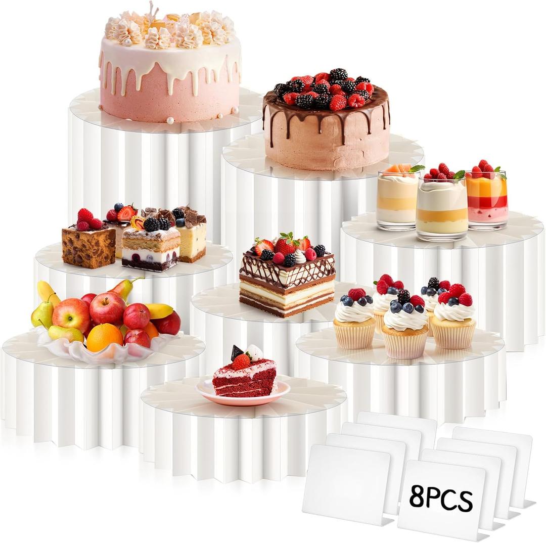 Marsui 4 Pcs Buffet Risers Food Display for Dessert Table Cake Riser Display Stands Acrylic Foldable Cardboard Cake Stands Tall Columns for Parties Birthday Wedding Pillars Decoration(White)