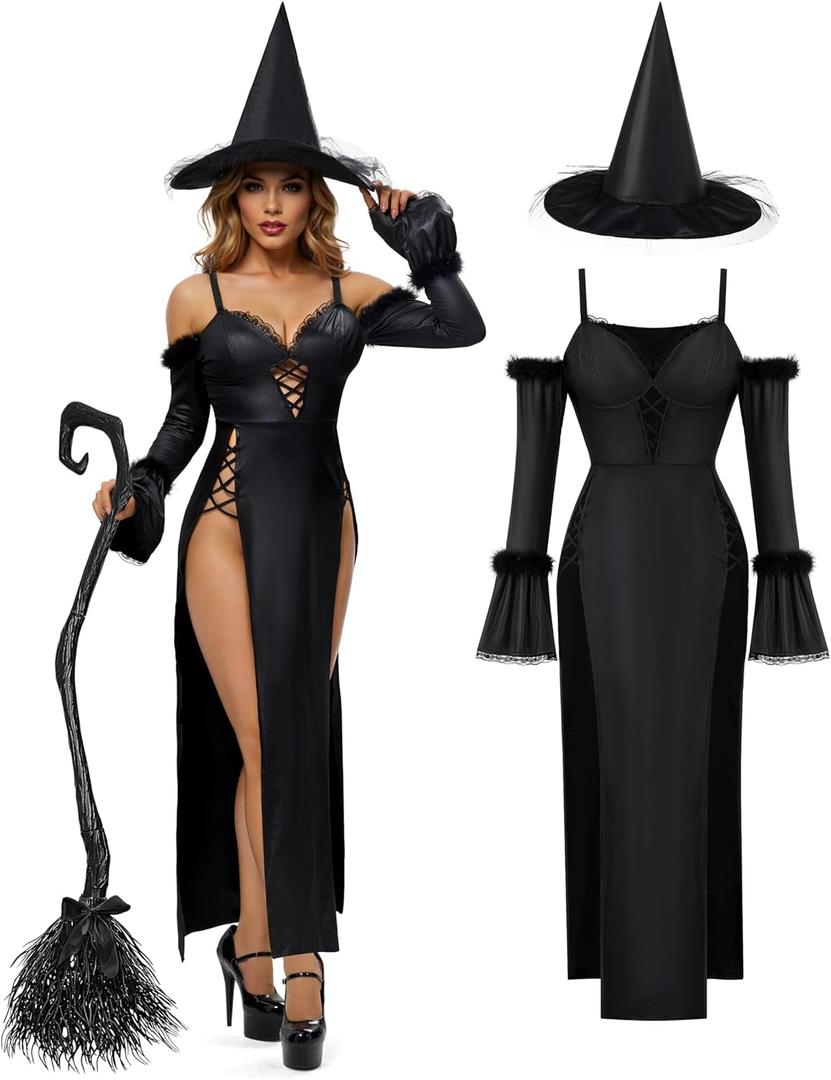 Spooktacular Creations 2 Pcs Witch Costume Women, Halloween Costume 2025 with Witch Dress Hat Accessory for Halloween Cosplay (Black, L)