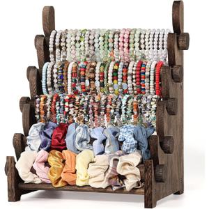 TOPNEW 5 Tier Wooden Bracelet Holder, Scrunchie Bangle Watch Necklace Display Storage Jewelry Holder Stand Display Organizer, Brown