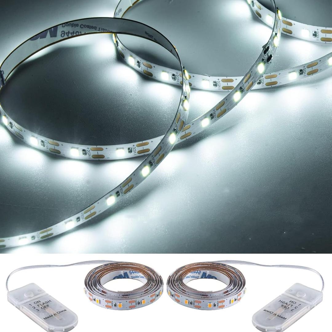 Short Led Strip Lights Battery Powered with Flashing, 3.28ft/1PCS Flexible LED Fairy Lights Battery Operated Bright for Shadow Box DIY Gift Car Bar Party Christmas, 2 Pack (Daylight White)
