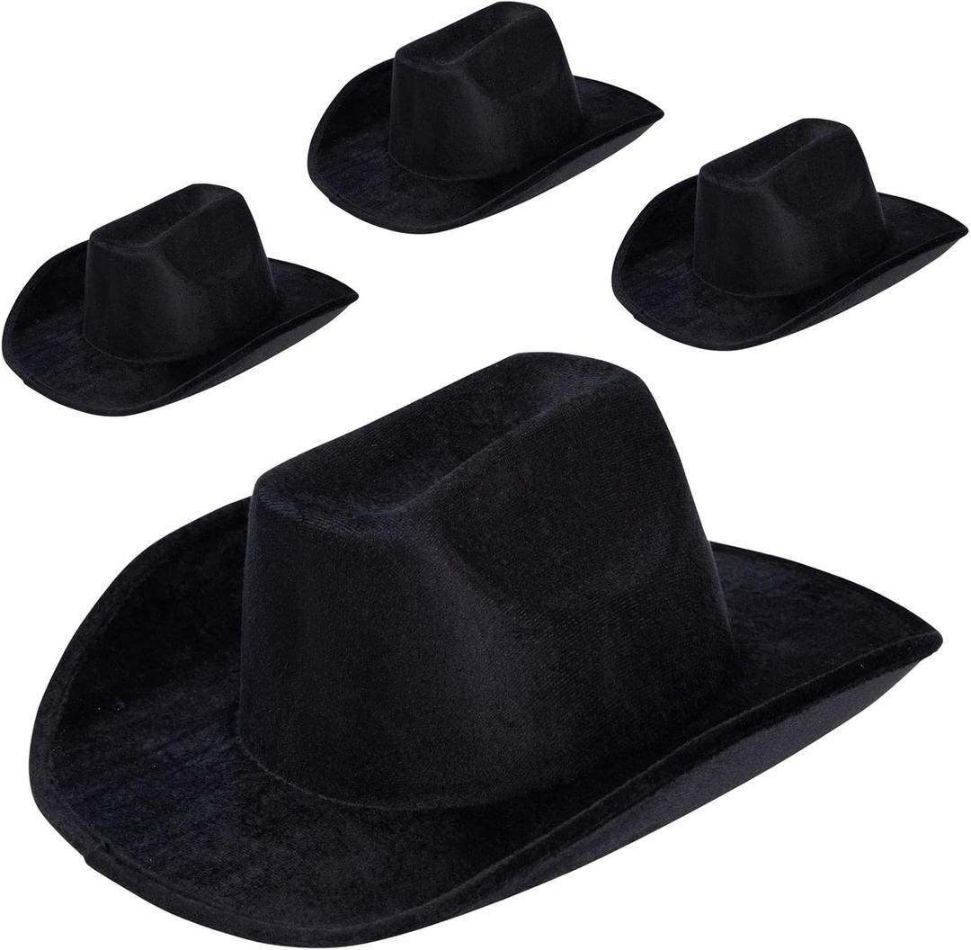 Zodaca 4-Pack Black Felt Cowboy Hats - Bulk Pack of Cowboy Hats for Men, Women, Girls, Halloween, Birthday, Bachelor, Bachelorette (Adult Size)